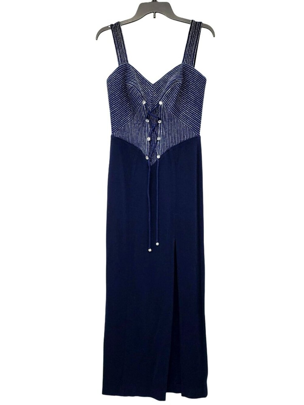 Vintage 90s Tadashi Blue Silver Corset Rhinestone Long Maxi Prom Dress - Picture 1 of 11